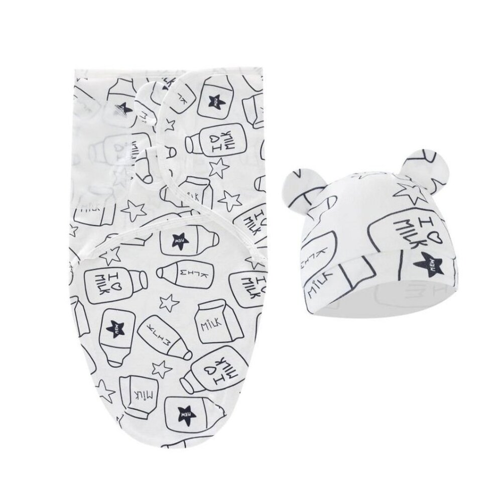 Baby Swaddle & Hat Set With Milk Bottle Print Soft Cotton Newborn Size White & B